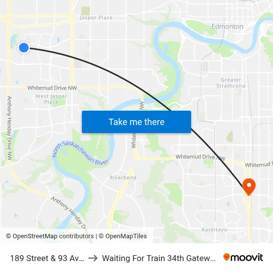 189 Street & 93 Avenue to Waiting For Train 34th Gateway Blvd. map