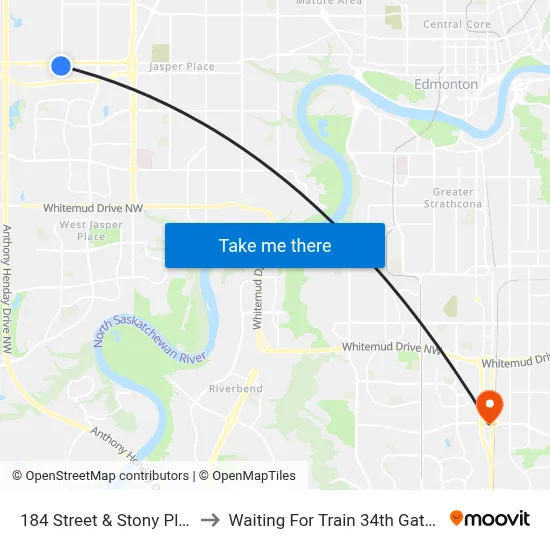 184 Street & Stony Plain Road to Waiting For Train 34th Gateway Blvd. map
