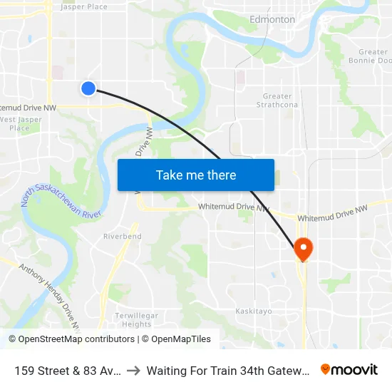 159 Street & 83 Avenue to Waiting For Train 34th Gateway Blvd. map