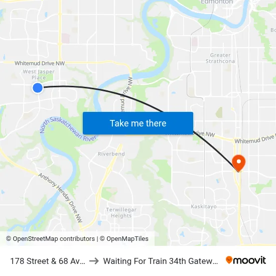 178 Street & 68 Avenue to Waiting For Train 34th Gateway Blvd. map