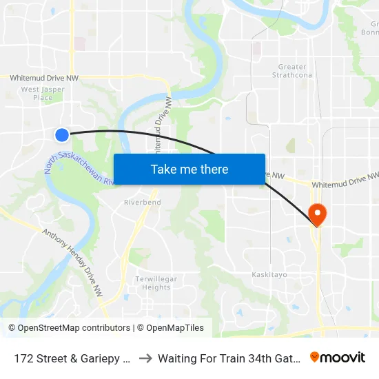 172 Street & Gariepy Crescent to Waiting For Train 34th Gateway Blvd. map