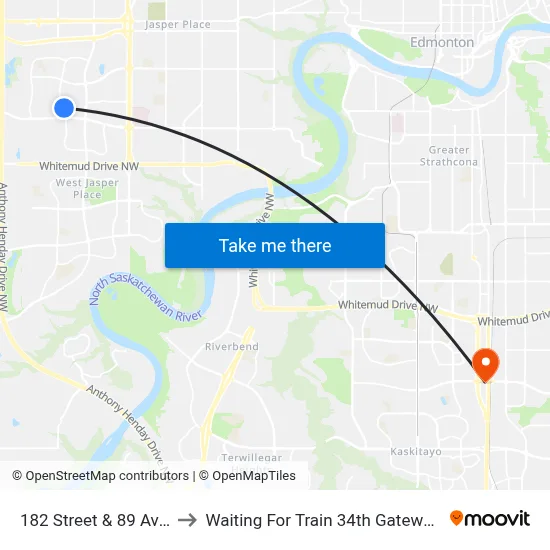 182 Street & 89 Avenue to Waiting For Train 34th Gateway Blvd. map