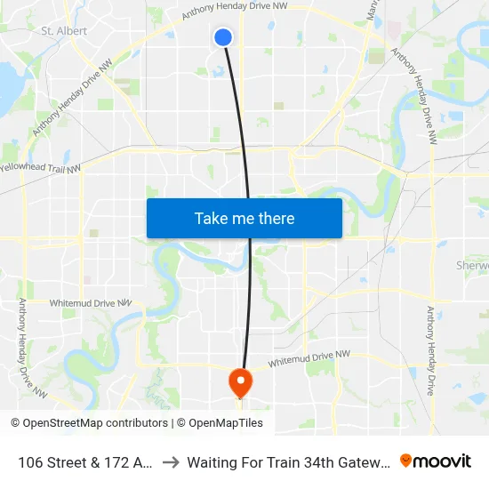 106 Street & 172 Avenue to Waiting For Train 34th Gateway Blvd. map