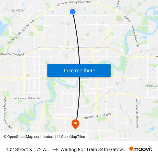 102 Street & 172 Avenue to Waiting For Train 34th Gateway Blvd. map