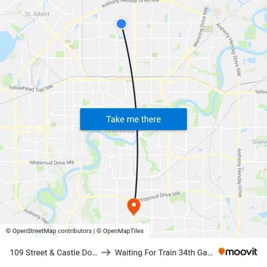 109 Street & Castle Downs Road to Waiting For Train 34th Gateway Blvd. map