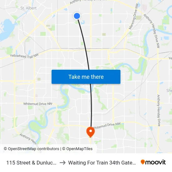 115 Street & Dunluce Road to Waiting For Train 34th Gateway Blvd. map
