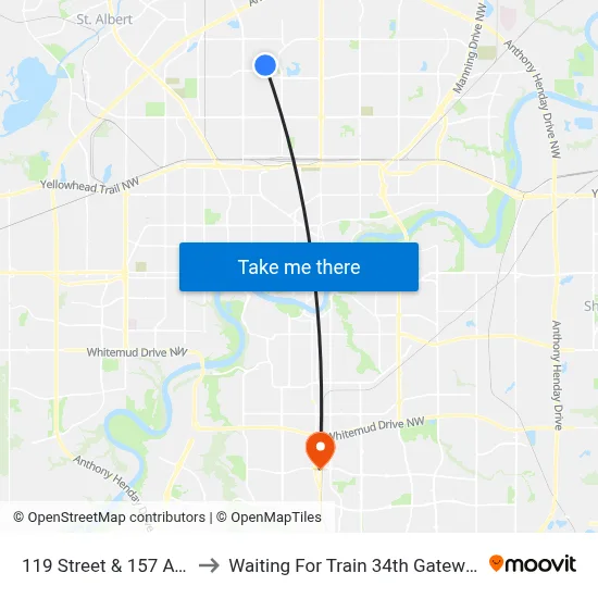 119 Street & 157 Avenue to Waiting For Train 34th Gateway Blvd. map