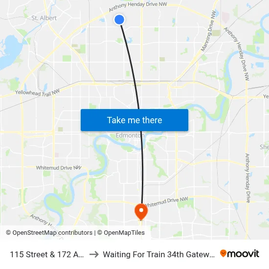 115 Street & 172 Avenue to Waiting For Train 34th Gateway Blvd. map