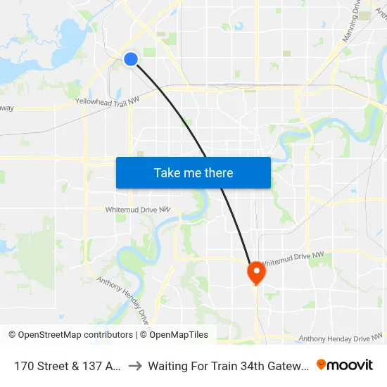 170 Street & 137 Avenue to Waiting For Train 34th Gateway Blvd. map