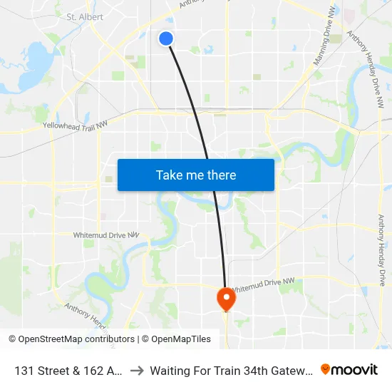 131 Street & 162 Avenue to Waiting For Train 34th Gateway Blvd. map