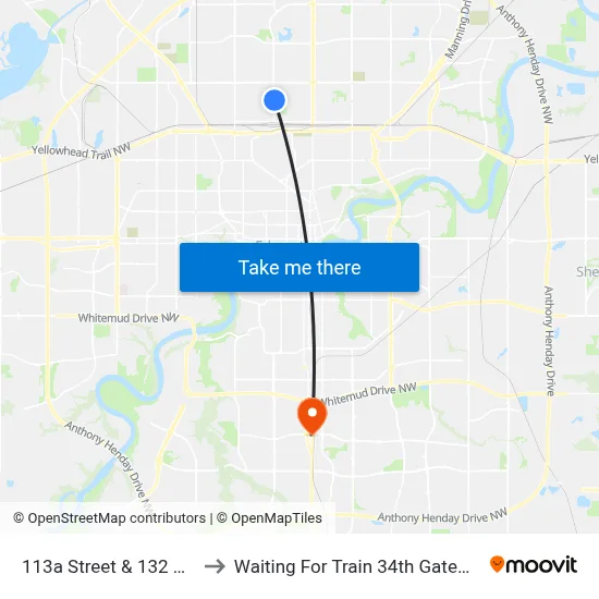 113a Street & 132 Avenue to Waiting For Train 34th Gateway Blvd. map