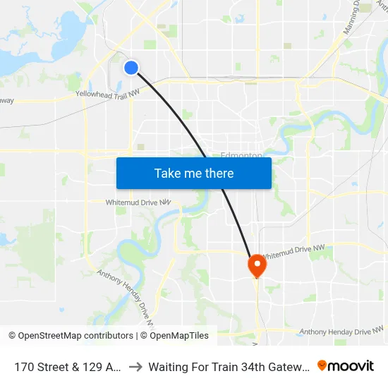 170 Street & 129 Avenue to Waiting For Train 34th Gateway Blvd. map