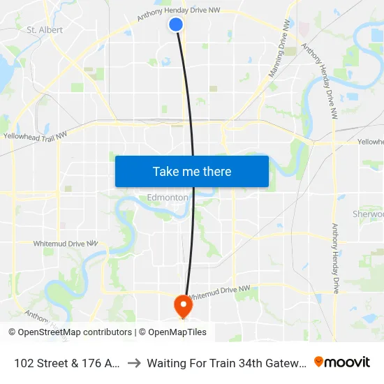 102 Street & 176 Avenue to Waiting For Train 34th Gateway Blvd. map