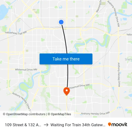 109 Street & 132 Avenue to Waiting For Train 34th Gateway Blvd. map