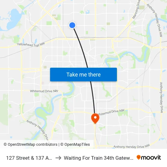127 Street & 137 Avenue to Waiting For Train 34th Gateway Blvd. map