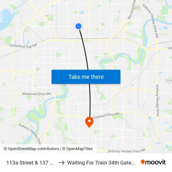 113a Street & 137 Avenue to Waiting For Train 34th Gateway Blvd. map