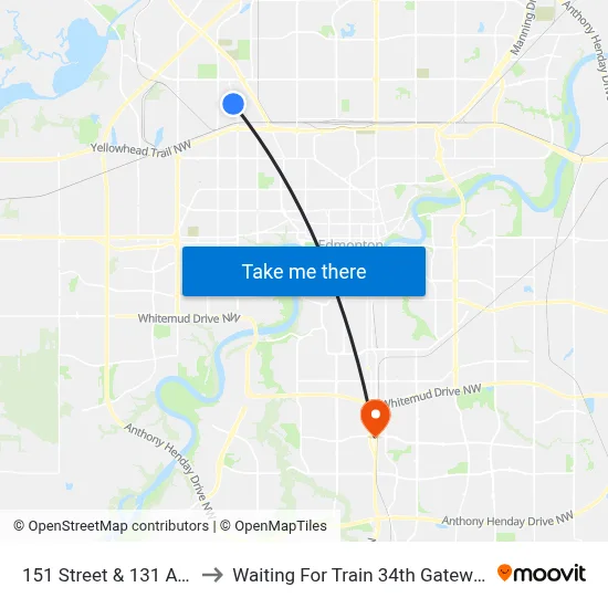151 Street & 131 Avenue to Waiting For Train 34th Gateway Blvd. map