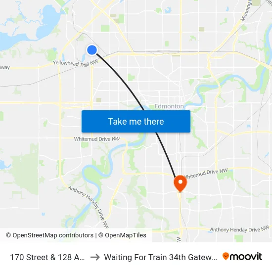 170 Street & 128 Avenue to Waiting For Train 34th Gateway Blvd. map