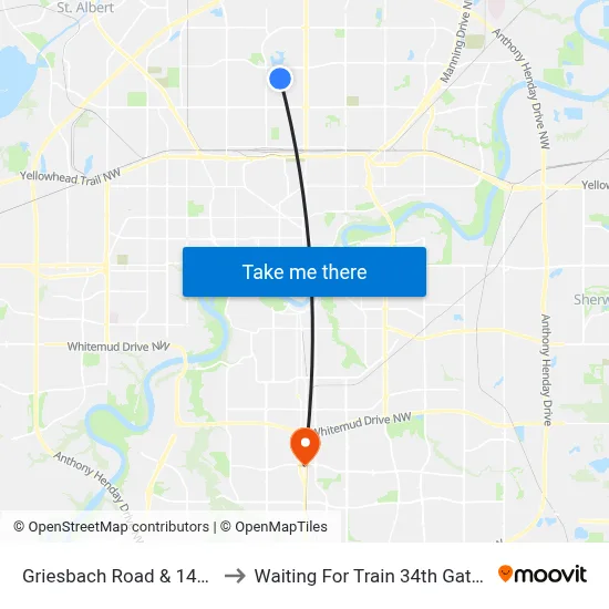 Griesbach Road & 149 Avenue to Waiting For Train 34th Gateway Blvd. map