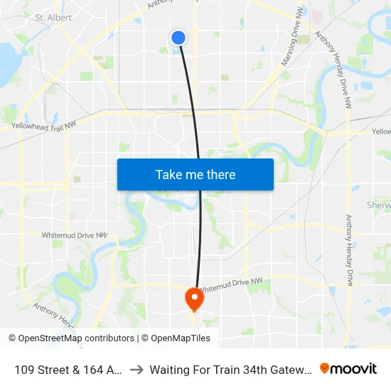 109 Street & 164 Avenue to Waiting For Train 34th Gateway Blvd. map