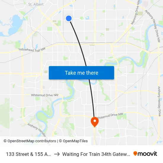 133 Street & 155 Avenue to Waiting For Train 34th Gateway Blvd. map
