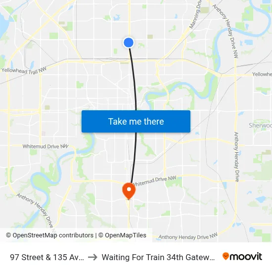 97 Street & 135 Avenue to Waiting For Train 34th Gateway Blvd. map