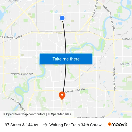97 Street & 144 Avenue to Waiting For Train 34th Gateway Blvd. map