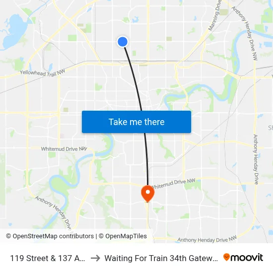 119 Street & 137 Avenue to Waiting For Train 34th Gateway Blvd. map