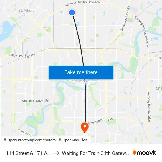 114 Street & 171 Avenue to Waiting For Train 34th Gateway Blvd. map