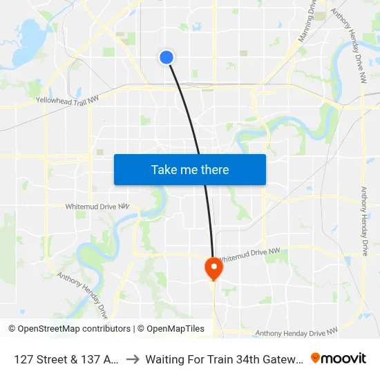 127 Street & 137 Avenue to Waiting For Train 34th Gateway Blvd. map