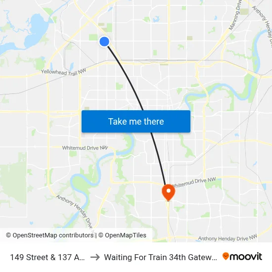 149 Street & 137 Avenue to Waiting For Train 34th Gateway Blvd. map