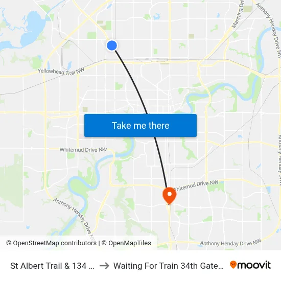 St Albert Trail & 134 Avenue to Waiting For Train 34th Gateway Blvd. map