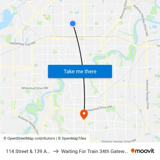 114 Street & 139 Avenue to Waiting For Train 34th Gateway Blvd. map