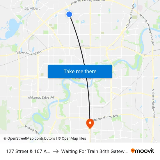 127 Street & 167 Avenue to Waiting For Train 34th Gateway Blvd. map