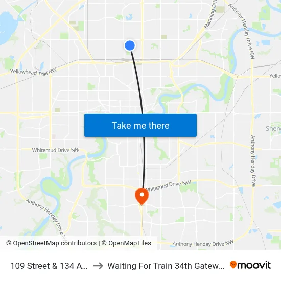 109 Street & 134 Avenue to Waiting For Train 34th Gateway Blvd. map