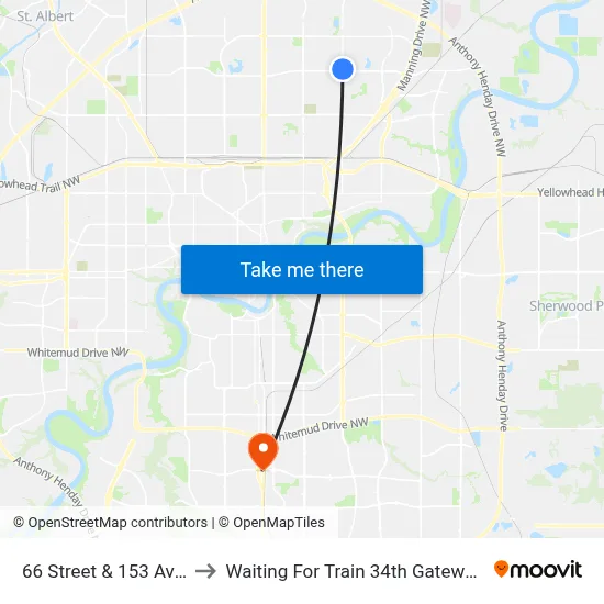 66 Street & 153 Avenue to Waiting For Train 34th Gateway Blvd. map