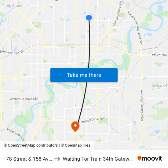 78 Street & 158 Avenue to Waiting For Train 34th Gateway Blvd. map