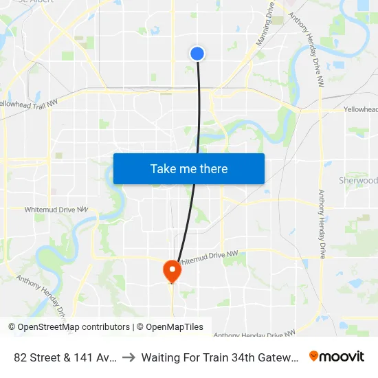 82 Street & 141 Avenue to Waiting For Train 34th Gateway Blvd. map