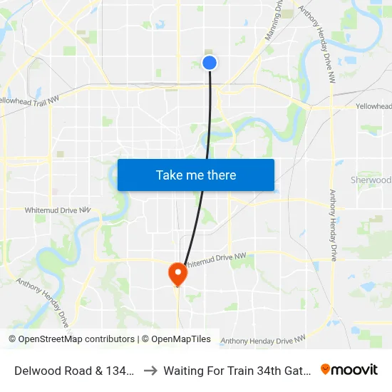 Delwood Road & 134a Avenue to Waiting For Train 34th Gateway Blvd. map
