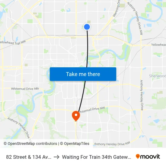 82 Street & 134 Avenue to Waiting For Train 34th Gateway Blvd. map