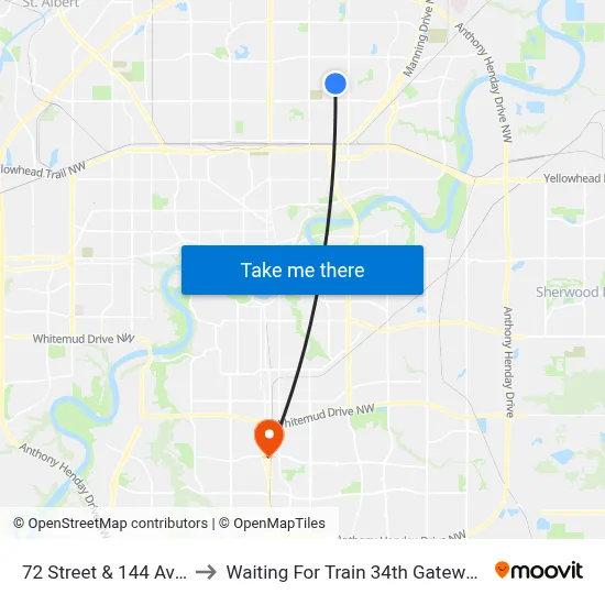 72 Street & 144 Avenue to Waiting For Train 34th Gateway Blvd. map