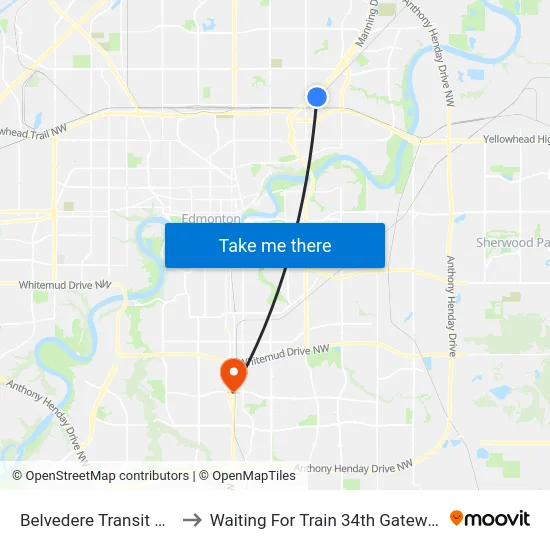 Belvedere Transit Centre to Waiting For Train 34th Gateway Blvd. map