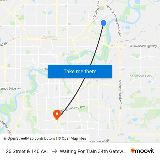 26 Street & 140 Avenue to Waiting For Train 34th Gateway Blvd. map