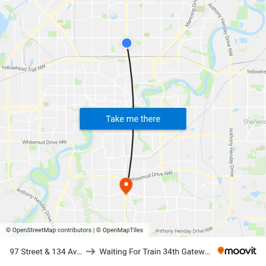 97 Street & 134 Avenue to Waiting For Train 34th Gateway Blvd. map