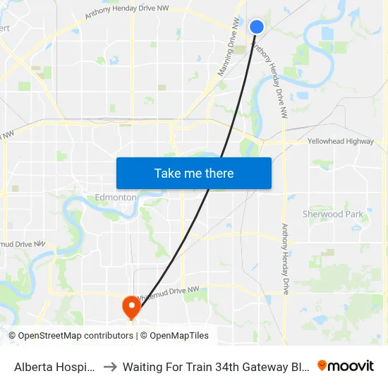 Alberta Hospital to Waiting For Train 34th Gateway Blvd. map
