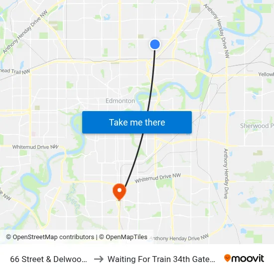 66 Street & Delwood Road to Waiting For Train 34th Gateway Blvd. map