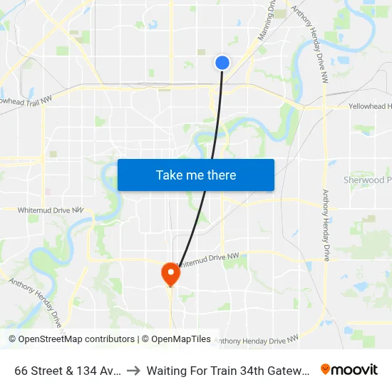66 Street & 134 Avenue to Waiting For Train 34th Gateway Blvd. map
