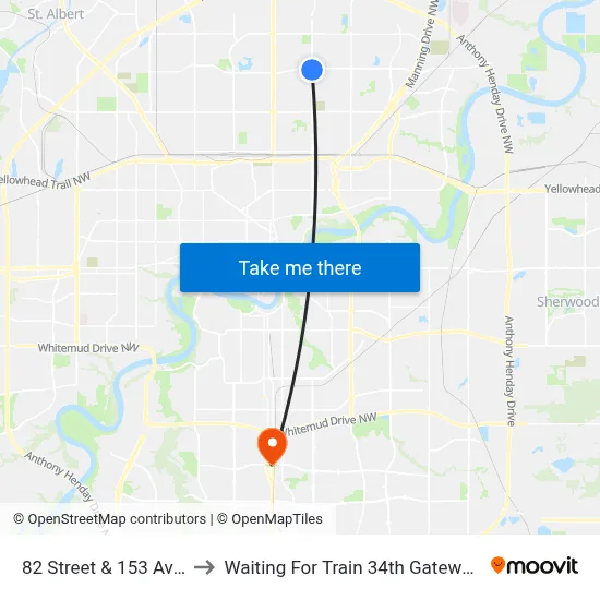 82 Street & 153 Avenue to Waiting For Train 34th Gateway Blvd. map