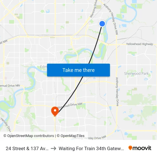 24 Street & 137 Avenue to Waiting For Train 34th Gateway Blvd. map