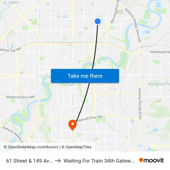 61 Street & 149 Avenue to Waiting For Train 34th Gateway Blvd. map